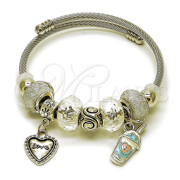 Aro Individual 07.454.0027.1 Acero Inoxidable, Diseño de Corazón y Baso de Beber, con Cristal Crystal, Esmaltado Blanco, Rodinado (Grosor 03 MM, Talla Unica)