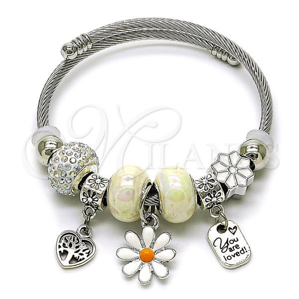 Aro Individual 07.454.0029 Acero Inoxidable, Diseño de Flor y Corazón, con Cristal Aurore Boreale y Marfil, Esmaltado Blanco, Rodinado (Grosor 03 MM, Talla Unica)