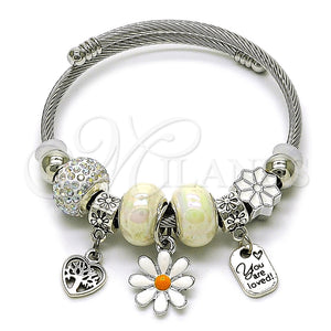 Aro Individual 07.454.0029 Acero Inoxidable, Diseño de Flor y Corazón, con Cristal Aurore Boreale y Marfil, Esmaltado Blanco, Rodinado (Grosor 03 MM, Talla Unica)