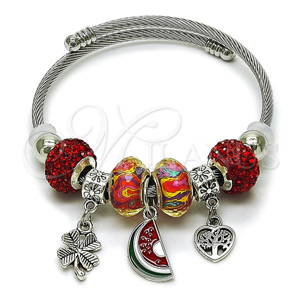 Aro Individual 07.454.0030 Acero Inoxidable, Diseño de Sandia y Trébol de Cuatro Hojas, con Cristal Light Siam, Esmaltado Rojo, Rodinado (Grosor 03 MM, Talla Unica)