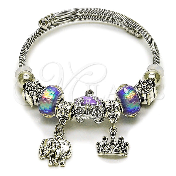 Aro Individual 07.454.0031 Acero Inoxidable, Diseño de Elefante y Corona, con Cristal Violet, Pulido, Rodinado (Grosor 03 MM, Talla Unica)