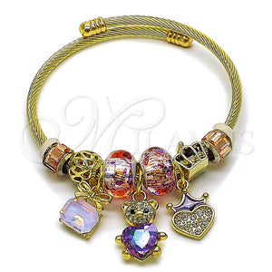 Aro Individual 07.454.0034 Acero Inoxidable, Diseño de Osito y Corazón, con Cristal Amethyst y Light Peach, Esmaltado Violeta, Tono Dorado (Grosor 03 MM, Talla Unica)