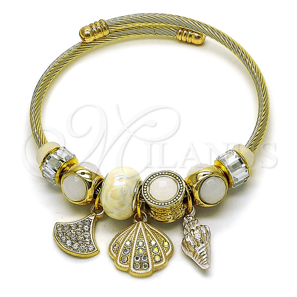 Aro Individual 07.454.0035 Acero Inoxidable, Diseño de Concha y Caracol, con Cristal Crystal y Marfil, Esmaltado Blanco, Tono Dorado (Grosor 03 MM, Talla Unica)