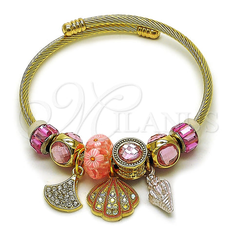 Aro Individual 07.454.0035.2 Acero Inoxidable, Diseño de Concha y Caracol, con Cristal Light Rose y Aurore Boreale, Esmaltado Rosado, Tono Dorado (Grosor 03 MM, Talla Unica)