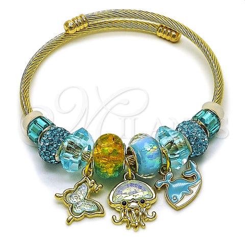 Aro Individual 07.454.0037 Acero Inoxidable, Diseño de Pescado y Mariposa, con Cristal Light Turquoise, Esmaltado Turquesa, Tono Dorado (Grosor 03 MM, Talla Unica)