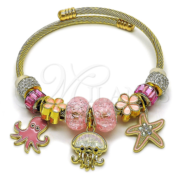 Aro Individual 07.454.0038 Acero Inoxidable, Diseño de Estrella y Flor, con Cristal Rose y Light Rose, Esmaltado Rosado, Tono Dorado (Grosor 03 MM, Talla Unica)