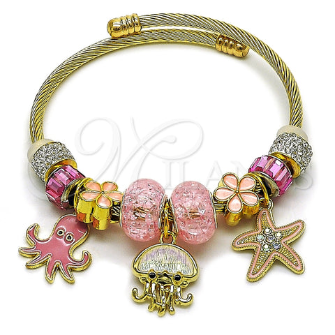 Aro Individual 07.454.0038 Acero Inoxidable, Diseño de Estrella y Flor, con Cristal Rose y Light Rose, Esmaltado Rosado, Tono Dorado (Grosor 03 MM, Talla Unica)