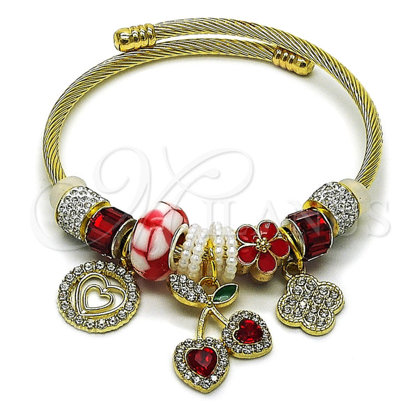 Aro Individual 07.454.0039 Acero Inoxidable, Diseño de Cereza y Corazón, con Cristal Siam y Crystal, Esmaltado Rojo, Tono Dorado (Grosor 03 MM, Talla Unica)