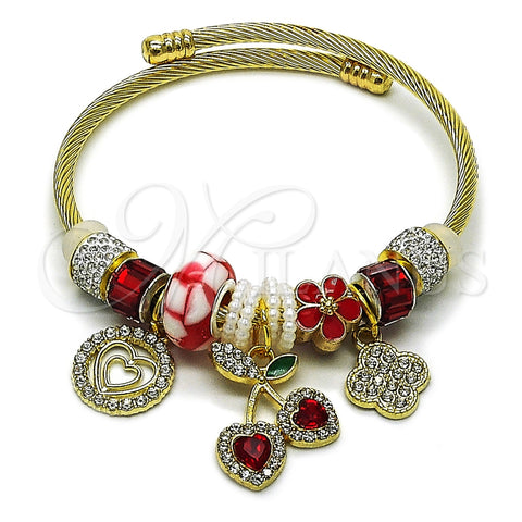 Aro Individual 07.454.0039 Acero Inoxidable, Diseño de Cereza y Corazón, con Cristal Siam y Crystal, Esmaltado Rojo, Tono Dorado (Grosor 03 MM, Talla Unica)