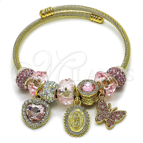 Aro Individual 07.454.0040 Acero Inoxidable, Diseño de Guadalupe y Corazón, con Cristal Light Rose y Crystal, Pulido, Tono Dorado (Grosor 03 MM, Talla Unica)