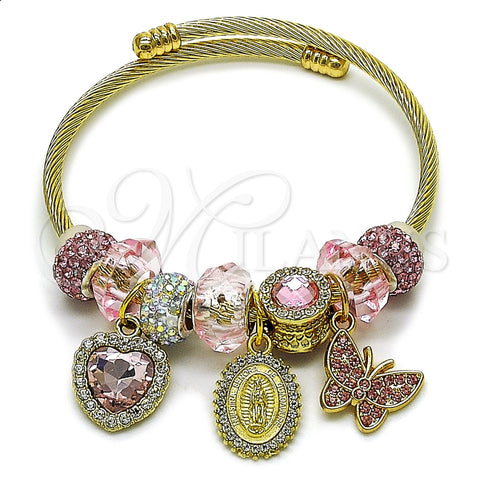 Aro Individual 07.454.0040 Acero Inoxidable, Diseño de Guadalupe y Corazón, con Cristal Light Rose y Crystal, Pulido, Tono Dorado (Grosor 03 MM, Talla Unica)