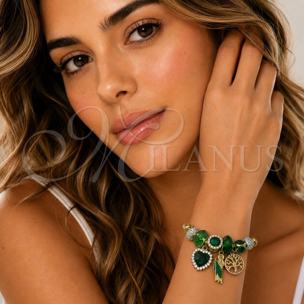 Aro Individual 07.454.0041 Acero Inoxidable, Diseño de San Judas y Corazón, con Cristal Emerald y Aurore Boreale, Esmaltado Verde, Tono Dorado (Grosor 03 MM, Talla Unica)