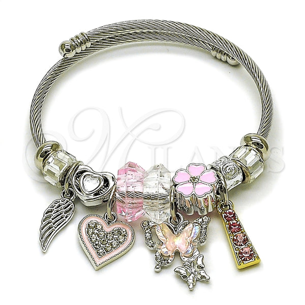 Aro Individual 07.454.0042.1 Acero Inoxidable, Diseño de Mariposa y Corazón, con Cristal Crystal y Light Rose, Esmaltado Rosado, Dos Tonos (Grosor 03 MM, Talla Unica)