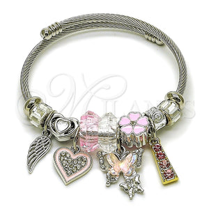 Aro Individual 07.454.0042.1 Acero Inoxidable, Diseño de Mariposa y Corazón, con Cristal Crystal y Light Rose, Esmaltado Rosado, Dos Tonos (Grosor 03 MM, Talla Unica)