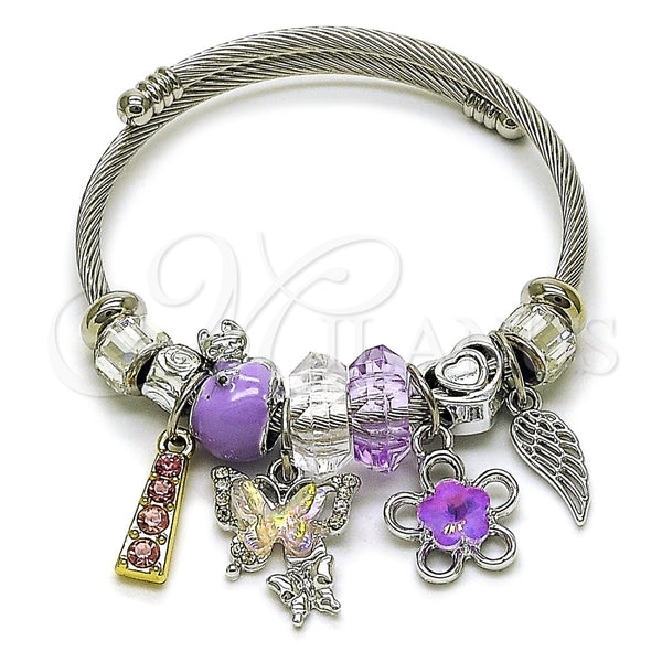 Aro Individual 07.454.0043 Acero Inoxidable, Diseño de Mariposa y Flor, con Cristal Violet y Crystal, Esmaltado Violeta, Dos Tonos (Grosor 03 MM, Talla Unica)