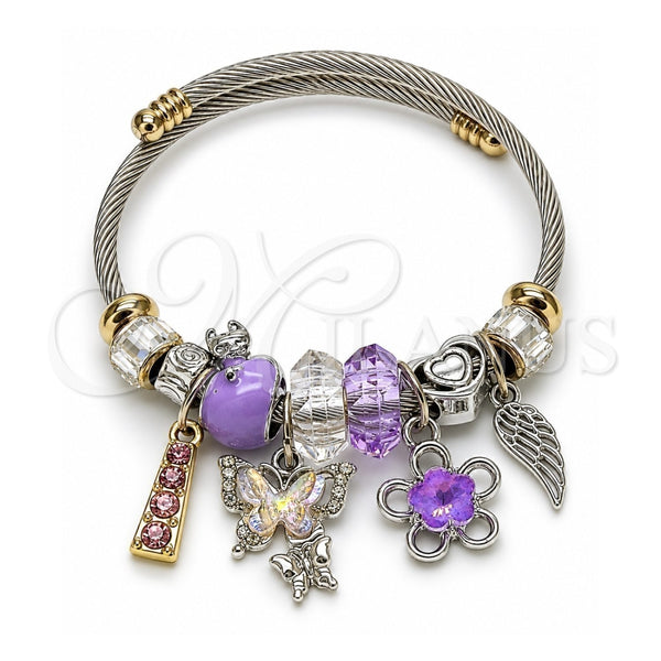Aro Individual 07.454.0043 Acero Inoxidable, Diseño de Mariposa y Flor, con Cristal Violet y Crystal, Esmaltado Violeta, Dos Tonos (Grosor 03 MM, Talla Unica)