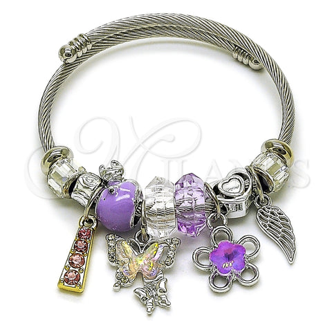 Aro Individual 07.454.0043 Acero Inoxidable, Diseño de Mariposa y Flor, con Cristal Violet y Crystal, Esmaltado Violeta, Dos Tonos (Grosor 03 MM, Talla Unica)