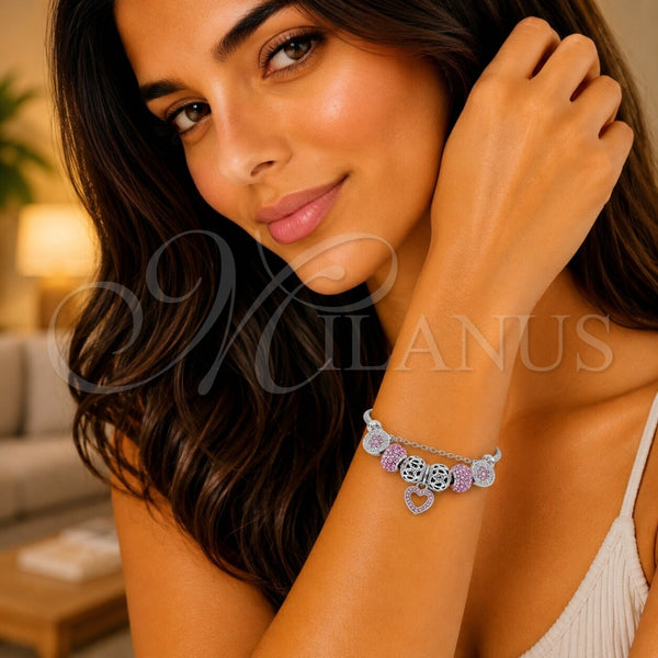 Aro Individual 07.454.0044.2 Acero Inoxidable, Diseño de Corazón y Flor, con Cristal Crystal y Light Rose, Pulido, Rodinado (Grosor 03 MM, Talla Unica)