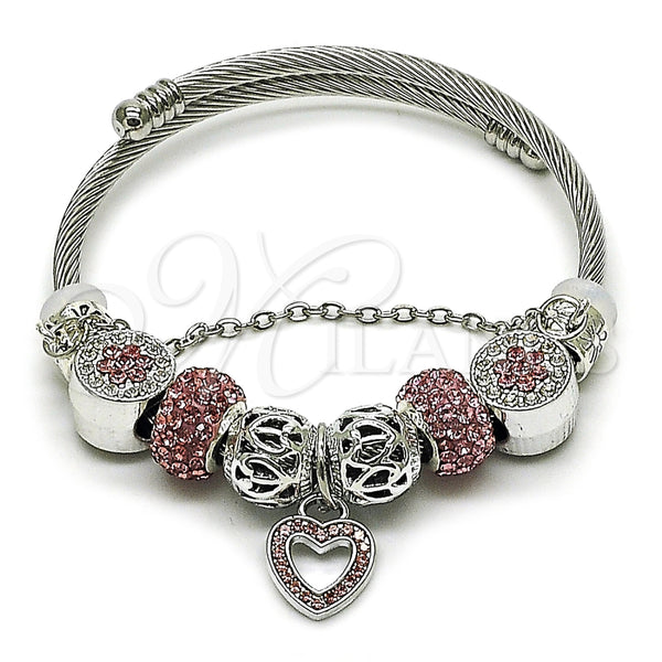 Aro Individual 07.454.0044.2 Acero Inoxidable, Diseño de Corazón y Flor, con Cristal Crystal y Light Rose, Pulido, Rodinado (Grosor 03 MM, Talla Unica)