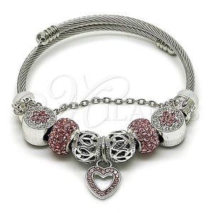 Aro Individual 07.454.0044.2 Acero Inoxidable, Diseño de Corazón y Flor, con Cristal Crystal y Light Rose, Pulido, Rodinado (Grosor 03 MM, Talla Unica)