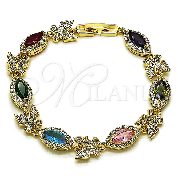 Pulsera Tennis 03.130.0016.07 Oro Laminado, Diseño de Mariposa y Cluster, con Zirconia Cubica Multicolor y Blanca, Pulido, Tono Dorado (Grosor 08.8 MM, 8 Pulgadas de Largo)