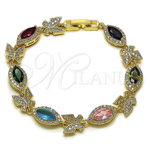 Pulsera Tennis 03.130.0016.07 Oro Laminado, Diseño de Mariposa y Cluster, con Zirconia Cubica Multicolor y Blanca, Pulido, Tono Dorado (Grosor 08.8 MM, 8 Pulgadas de Largo)