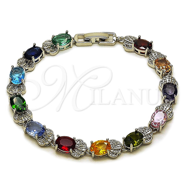Pulsera Tennis 03.130.0017.07 Rodio Laminado, Diseño de Concha, con Zirconia Cubica Multicolor, Pulido, Rodinado (Grosor 07.5 MM, 8 Pulgadas de Largo)