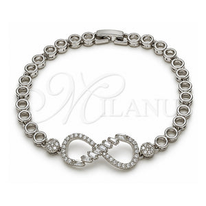 Pulsera Elegante 03.283.0047.1.07 Oro Laminado Blanco, Diseño de Infinito y Baguette, con Zirconia Cubica Blanca y Micro Pave Blanca, Pulido, Rodinado (Grosor 05 MM, 8 Pulgadas de Largo)
