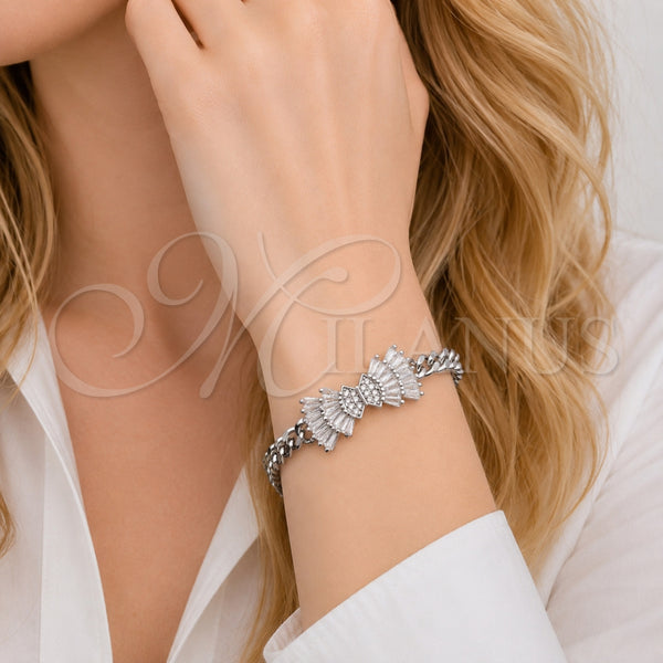 Pulsera Elegante 03.130.0023.1.08 Rodio Laminado, Diseño de Arco y Miami Cubana, con Zirconia Cubica Blanca y Micro Pave Blanca, Pulido, Rodinado (Grosor 05.2 MM, 8 Pulgadas de Largo)