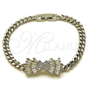 Pulsera Elegante 03.130.0023.1.08 Rodio Laminado, Diseño de Arco y Miami Cubana, con Zirconia Cubica Blanca y Micro Pave Blanca, Pulido, Rodinado (Grosor 05.2 MM, 8 Pulgadas de Largo)