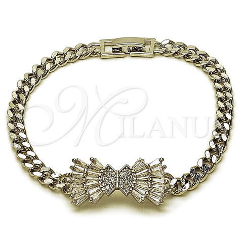 Pulsera Elegante 03.130.0023.1.08 Rodio Laminado, Diseño de Arco y Miami Cubana, con Zirconia Cubica Blanca y Micro Pave Blanca, Pulido, Rodinado (Grosor 05.2 MM, 8 Pulgadas de Largo)