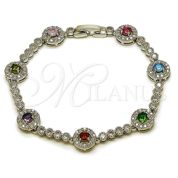 Pulsera Tennis 03.130.0024.07 Rodio Laminado, Diseño de Cluster, con Zirconia Cubica Multicolor y Blanca, Pulido, Rodinado (Grosor 09.5 MM, 8 Pulgadas de Largo)