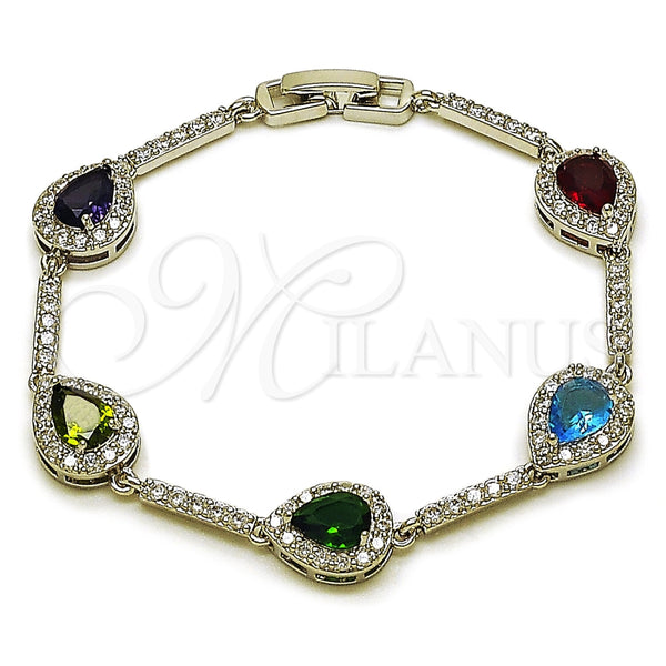 Pulsera Tennis 03.266.0050.4.07 Rodio Laminado, Diseño de Gota y Cluster, con Zirconia Cubica Multicolor y Blanca, Pulido, Rodinado (Grosor 10.2 MM, 7 Pulgadas de Largo)