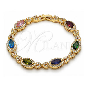 Pulsera Tennis 03.130.0025.07 Oro Laminado, Diseño de Besos y Abrazos y Cluster, con Zirconia Cubica Multicolor y Blanca, Pulido, Tono Dorado (Grosor 08.8 MM, 7 Pulgadas de Largo)