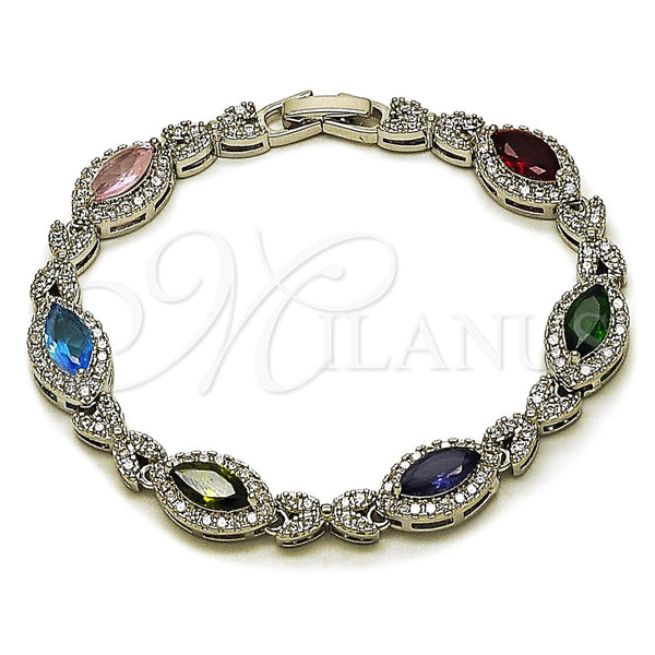 Pulsera Tennis 03.130.0025.1.07 Rodio Laminado, Diseño de Besos y Abrazos y Cluster, con Zirconia Cubica Multicolor y Blanca, Pulido, Rodinado (Grosor 08.8 MM, 7 Pulgadas de Largo)