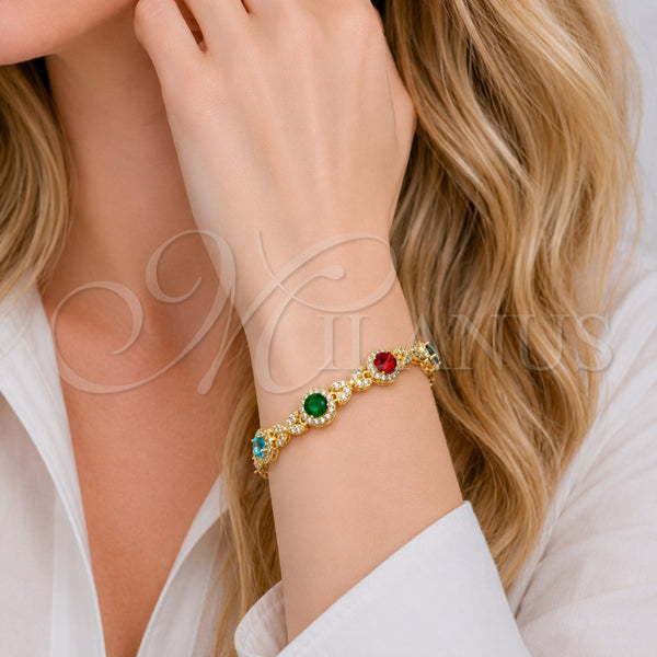 Pulsera Tennis 03.130.0026.07 Oro Laminado, Diseño de Cluster y Besos y Abrazos, con Zirconia Cubica Multicolor y Blanca, Pulido, Tono Dorado (Grosor 09.4 MM, 7 Pulgadas de Largo)