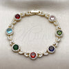 Pulsera Tennis 03.130.0026.07 Oro Laminado, Diseño de Cluster y Besos y Abrazos, con Zirconia Cubica Multicolor y Blanca, Pulido, Tono Dorado (Grosor 09.4 MM, 7 Pulgadas de Largo)