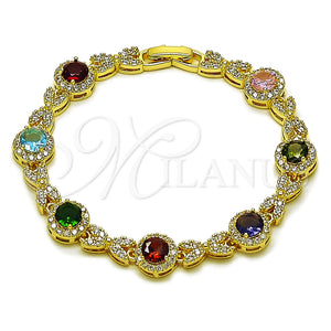 Pulsera Tennis 03.130.0026.07 Oro Laminado, Diseño de Cluster y Besos y Abrazos, con Zirconia Cubica Multicolor y Blanca, Pulido, Tono Dorado (Grosor 09.4 MM, 7 Pulgadas de Largo)