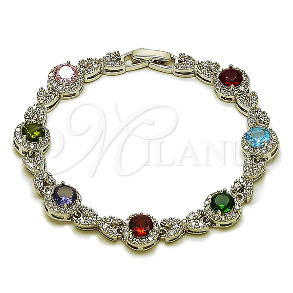 Pulsera Tennis 03.130.0026.1.07 Rodio Laminado, Diseño de Besos y Abrazos y Cluster, con Zirconia Cubica Multicolor y Blanca, Pulido, Rodinado (Grosor 09.4 MM, 7 Pulgadas de Largo)
