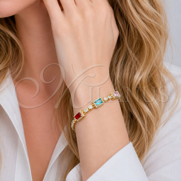 Pulsera Elegante 03.130.0029.07 Oro Laminado, Diseño de Cluster y Baguette, con Zirconia Cubica Multicolor y Blanca, Pulido, Tono Dorado (Grosor 02 MM, 7 Pulgadas de Largo)