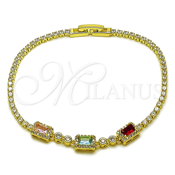 Pulsera Elegante 03.130.0029.07 Oro Laminado, Diseño de Cluster y Baguette, con Zirconia Cubica Multicolor y Blanca, Pulido, Tono Dorado (Grosor 02 MM, 7 Pulgadas de Largo)