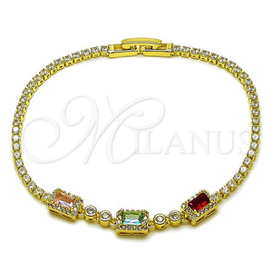 Pulsera Elegante 03.130.0029.07 Oro Laminado, Diseño de Cluster y Baguette, con Zirconia Cubica Multicolor y Blanca, Pulido, Tono Dorado (Grosor 02 MM, 7 Pulgadas de Largo)