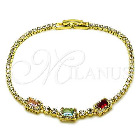 Pulsera Elegante 03.130.0029.07 Oro Laminado, Diseño de Cluster y Baguette, con Zirconia Cubica Multicolor y Blanca, Pulido, Tono Dorado (Grosor 02 MM, 7 Pulgadas de Largo)