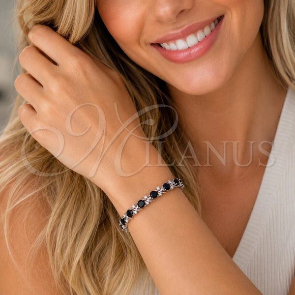 Pulsera Tennis 03.130.0032.07 Rodio Laminado, con Zirconia Cubica Negro y Blanca, Pulido, Rodinado (Grosor 08 MM, 8 Pulgadas de Largo)