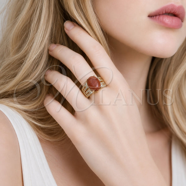 Anillo Multi Piedra 01.210.0134 Oro Laminado, Diseño de Llave Griega, con Goldstone Venturina Onix Negro y Zirconia Cubica Blanca, Pulido, Tono Dorado (Talla Unica)