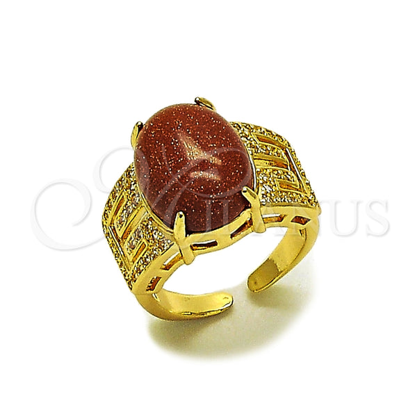 Anillo Multi Piedra 01.210.0134 Oro Laminado, Diseño de Llave Griega, con Goldstone Venturina Onix Negro y Zirconia Cubica Blanca, Pulido, Tono Dorado (Talla Unica)