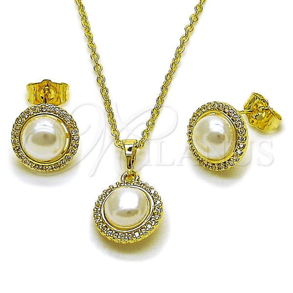 Juego de Arete y Dije de Adulto 10.379.0112 Oro Laminado, Diseño de Cluster, con Perla Marfil y Micro Pave Blanca, Pulido, Tono Dorado