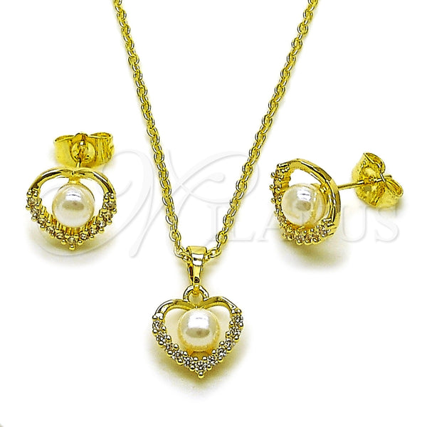 Juego de Arete y Dije de Adulto 10.379.0113 Oro Laminado, Diseño de Corazón y Cluster, con Perla Marfil y Zirconia Cubica Blanca, Pulido, Tono Dorado