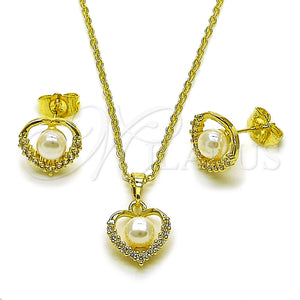 Juego de Arete y Dije de Adulto 10.379.0113 Oro Laminado, Diseño de Corazón y Cluster, con Perla Marfil y Zirconia Cubica Blanca, Pulido, Tono Dorado