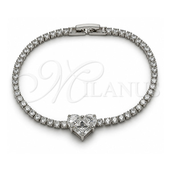Pulsera Elegante 03.130.0035.2.07 Oro Laminado Blanco, Diseño de Corazón, con Zirconia Cubica Blanca, Pulido, Rodinado (Grosor 02.5 MM, 7 Pulgadas de Largo)